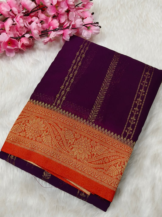 Wine with orange semi Mysore crepe silk saree