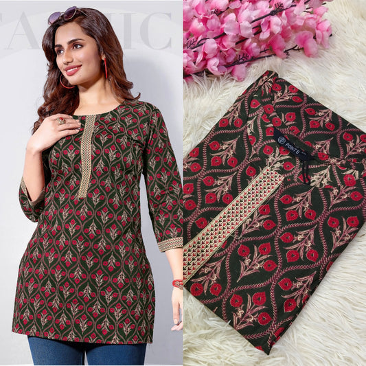 Green with red Cotton short Kurtis