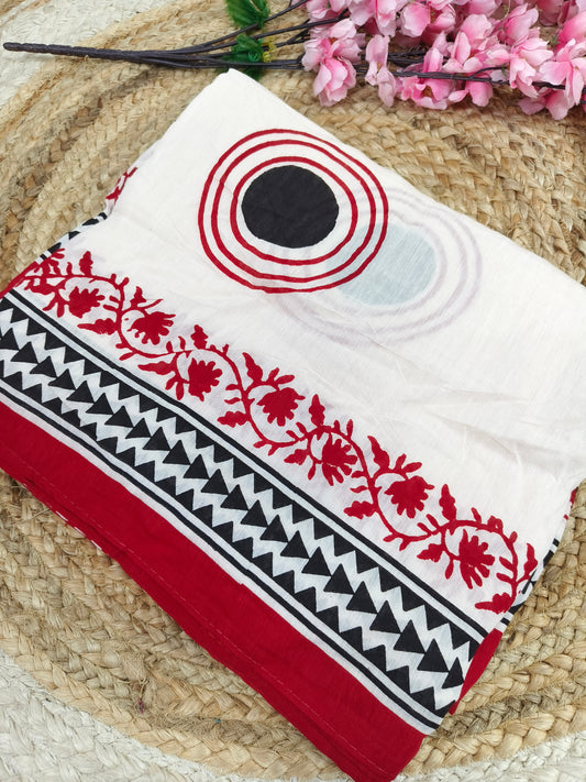 Pristine White Hand Block Printed Cotton Saree with Red Floral & Geometric Border