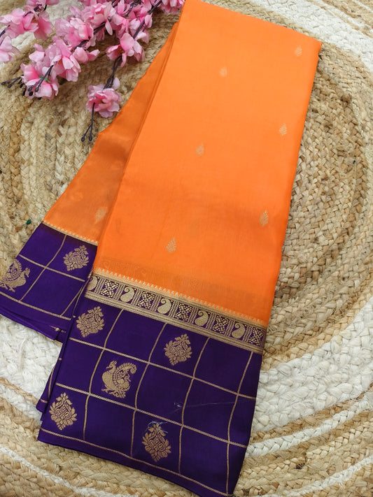 Sunset Orange with purple Munga silk saree
