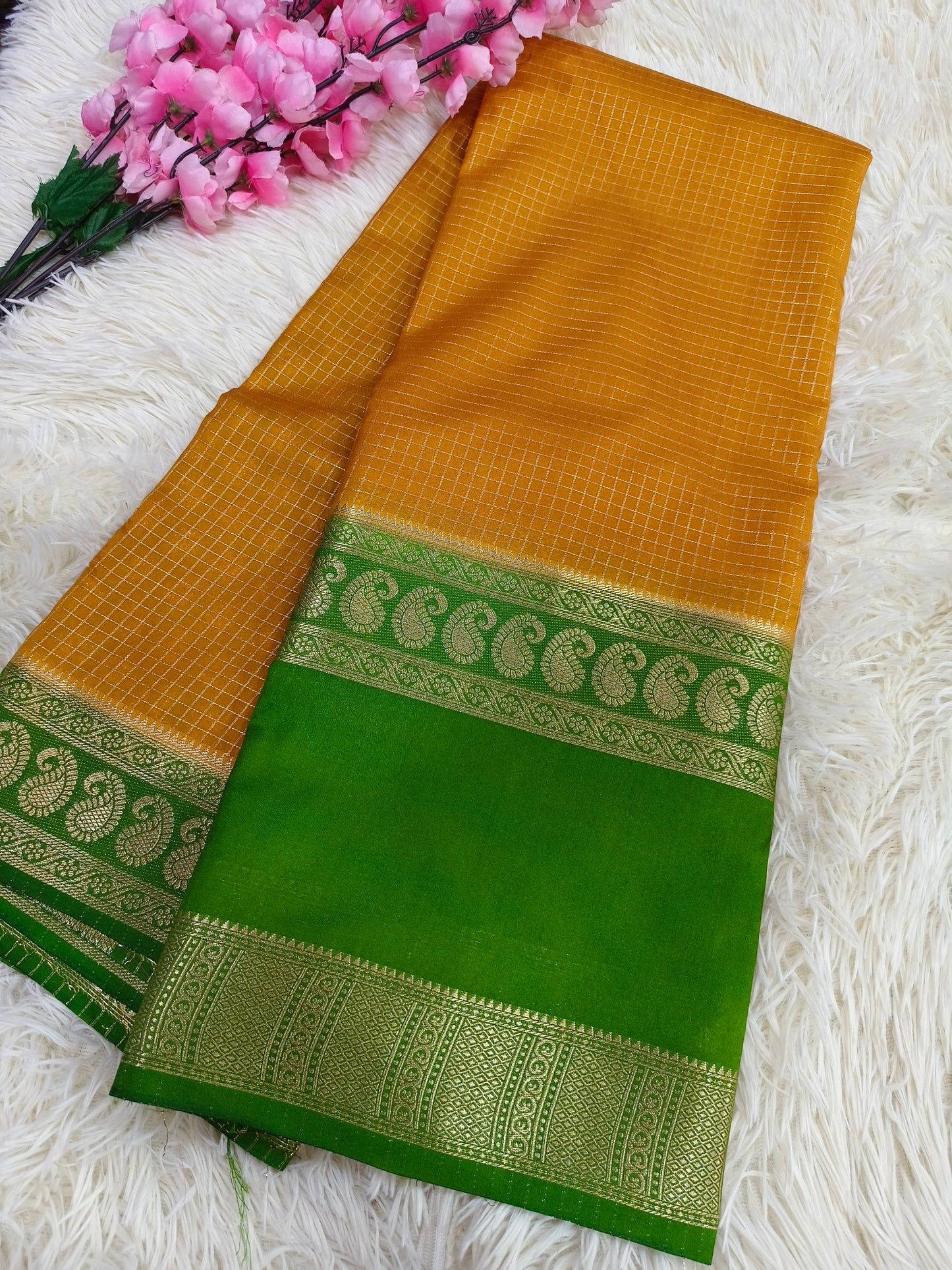 Yellow With Green Semi Mysore crepe silk saree
