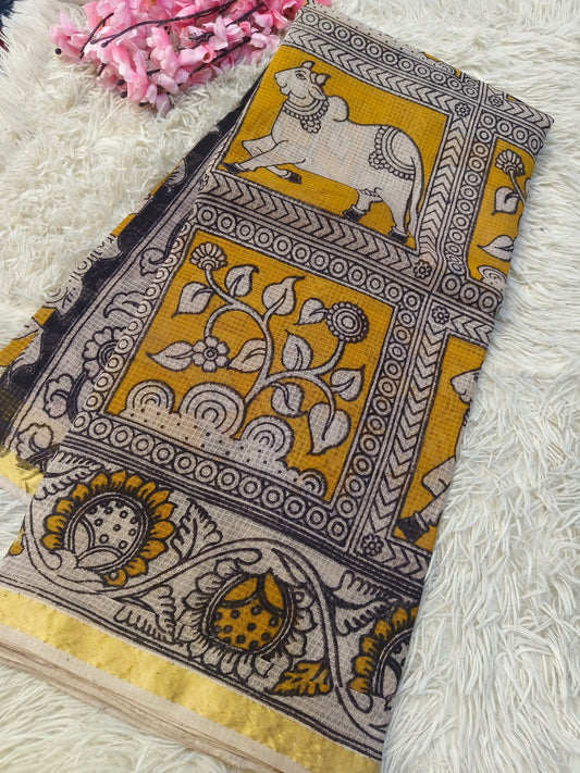 Yellow kota cotton Kalamkari saree