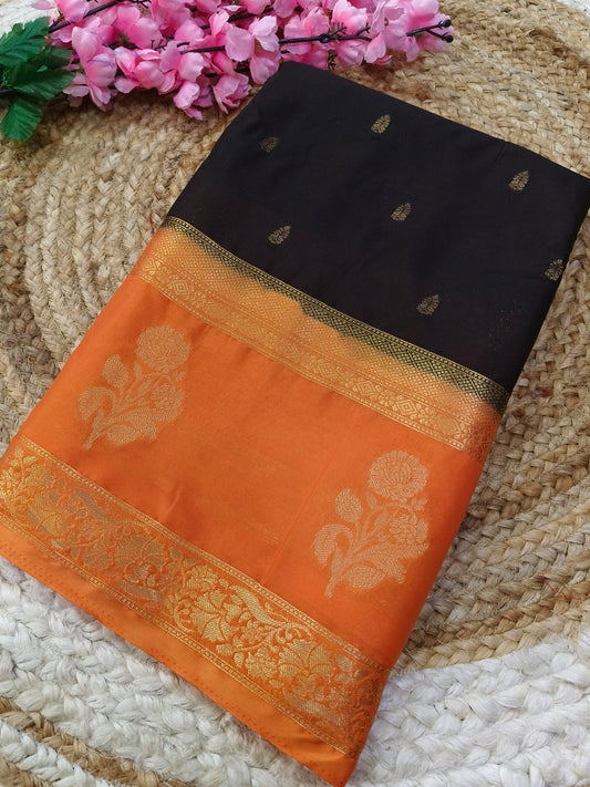 Black With Orange semi Mysore crepe silk saree