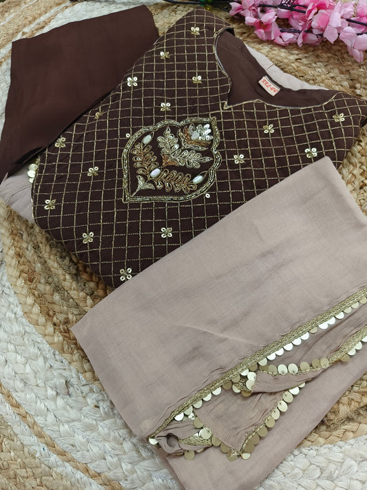 Elegant soft cream with Brown Malchanderi A - Line suits