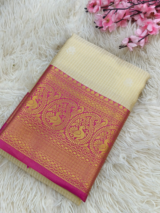 Light golden with Rani pink soft silk saree