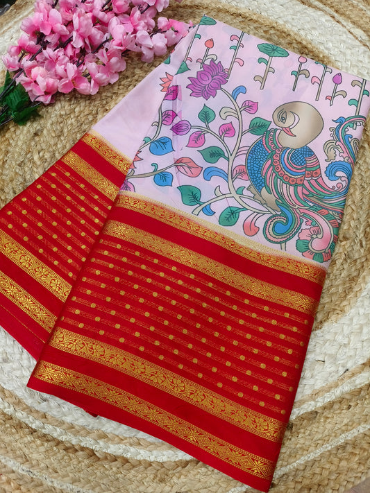 Pinkish with Red   Digital peacock printed semi Mysore crepe silk saree