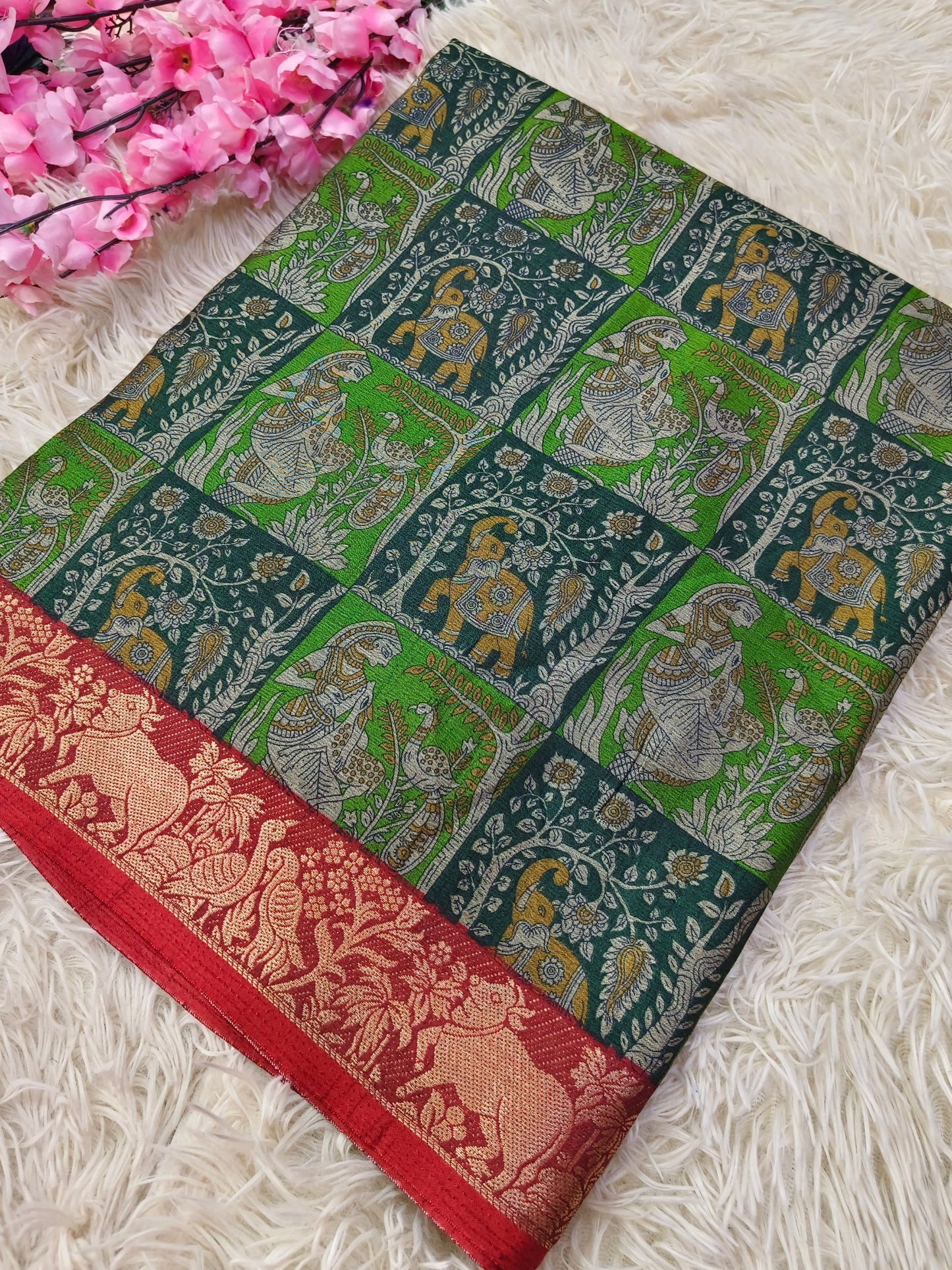 Green Kalamkari Fusion silk saree