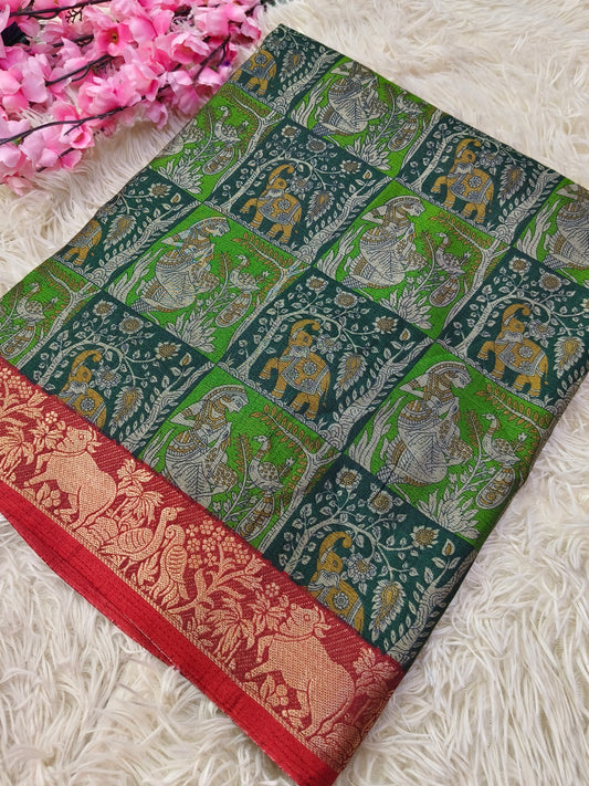 Green Kalamkari Fusion silk saree