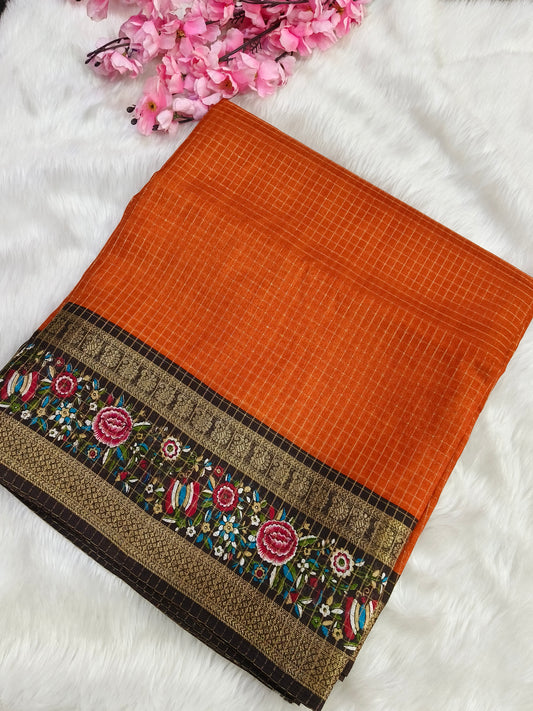 Orange with brown fancy silk saree