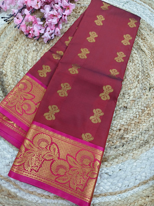 Wine with Pink Elegant  soft semi kanjivaram silk saree
