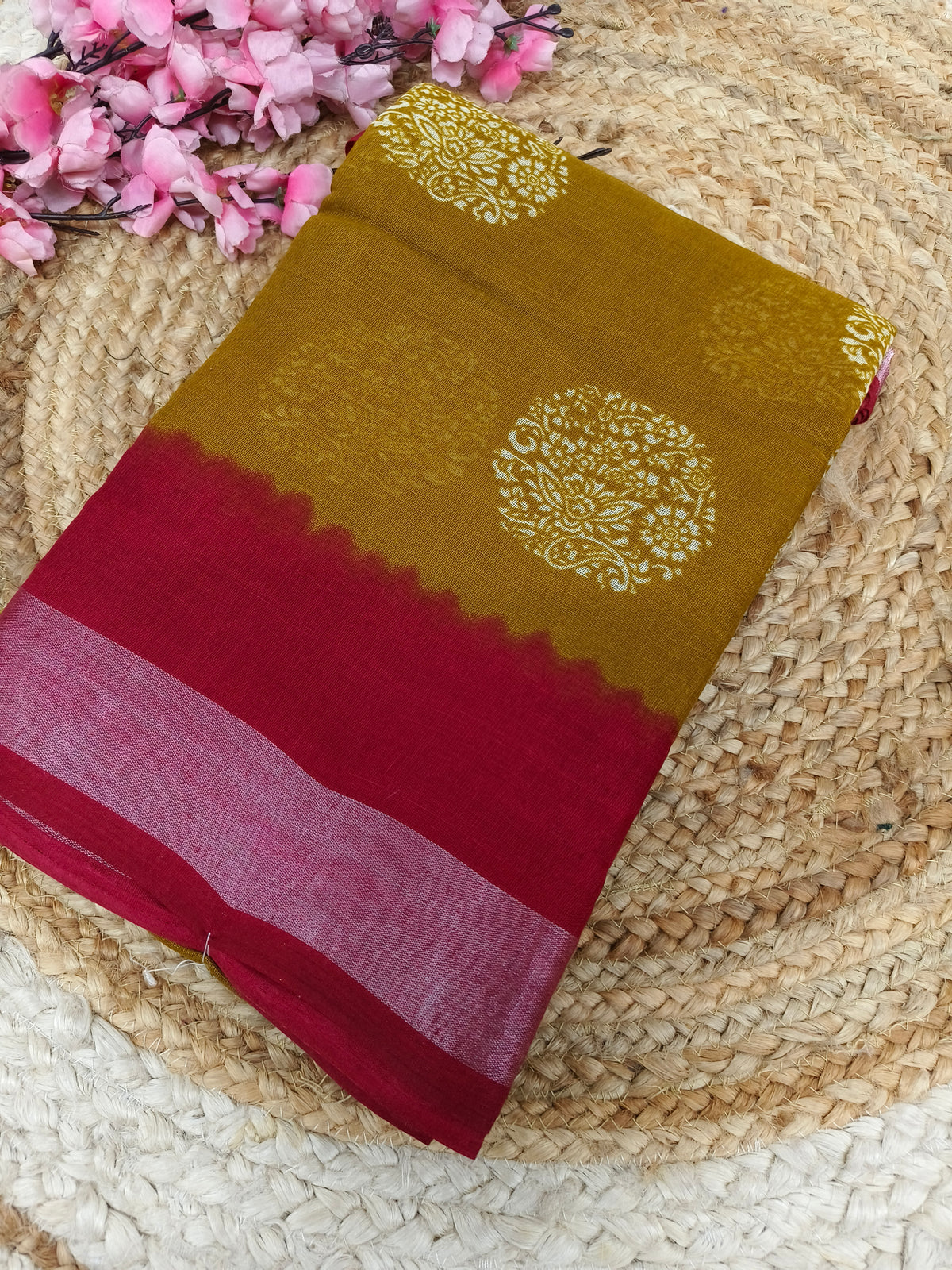 Mustard yellow with red Lenin Cotton saree
