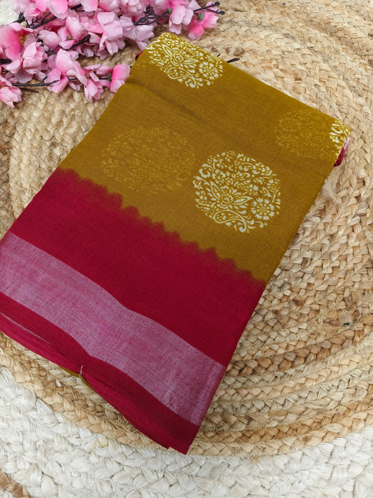 Mustard yellow with red Lenin Cotton saree