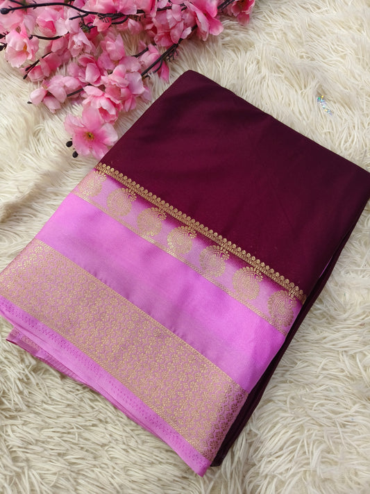 Wine With Pink Semi Mysore crepe silk saree