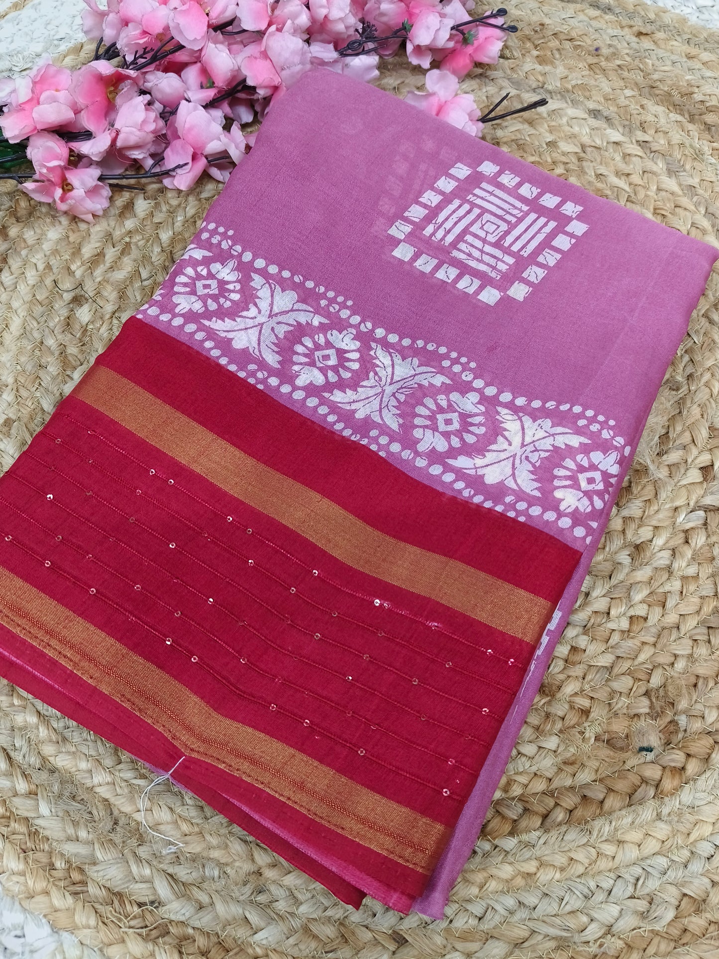 Light pink with Red sequence saree