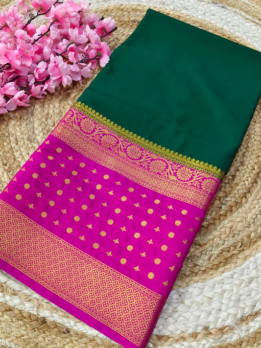 Bottle green with pink semi Mysore crepe silk saree