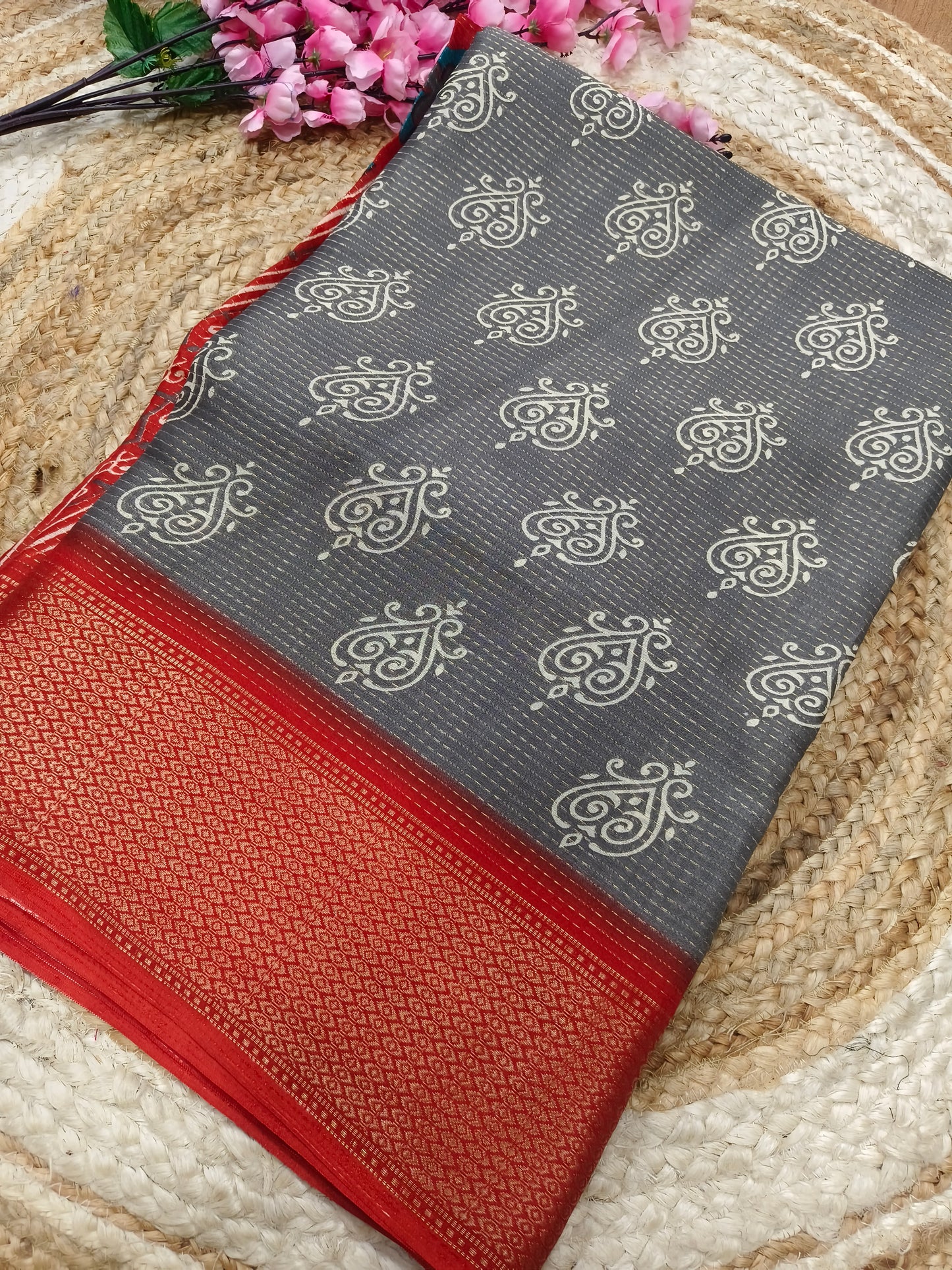 Grey with red Binny silk saree