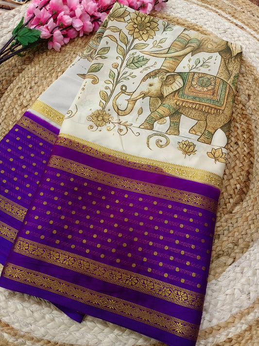 Purple elephant Digital printed semi Mysore crepe silk saree