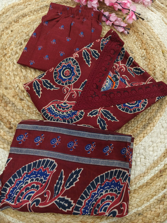 Maroon Cotton sets with duppatta