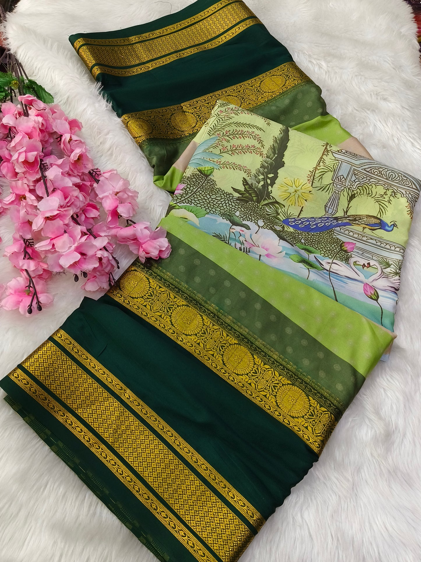 Bottle Green Digital printed semi Mysore crepe silk saree