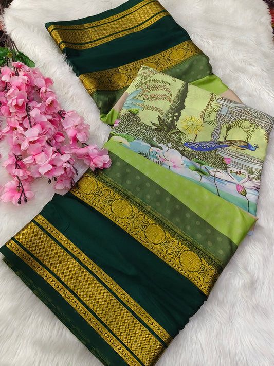 Bottle Green Digital printed semi Mysore crepe silk saree