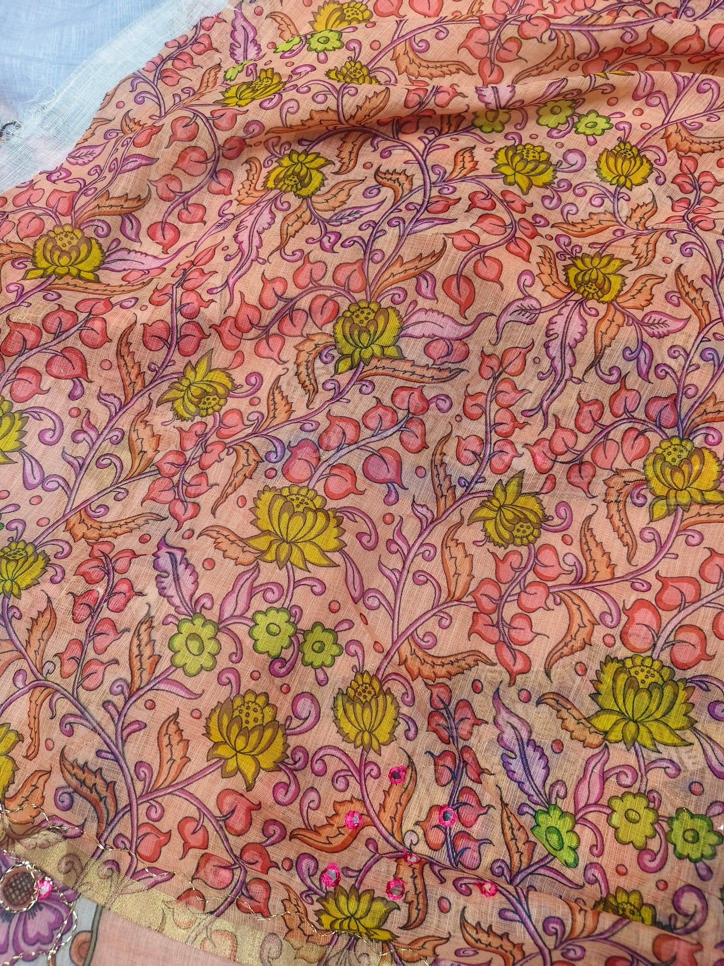 Blue with Peach Linen cotton Kalamkari saree