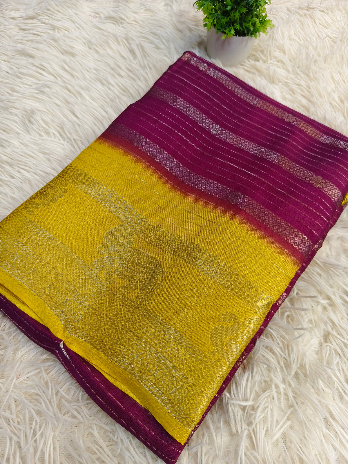 Wine with yellow fancy silk saree