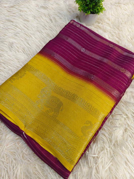 Wine with yellow fancy silk saree