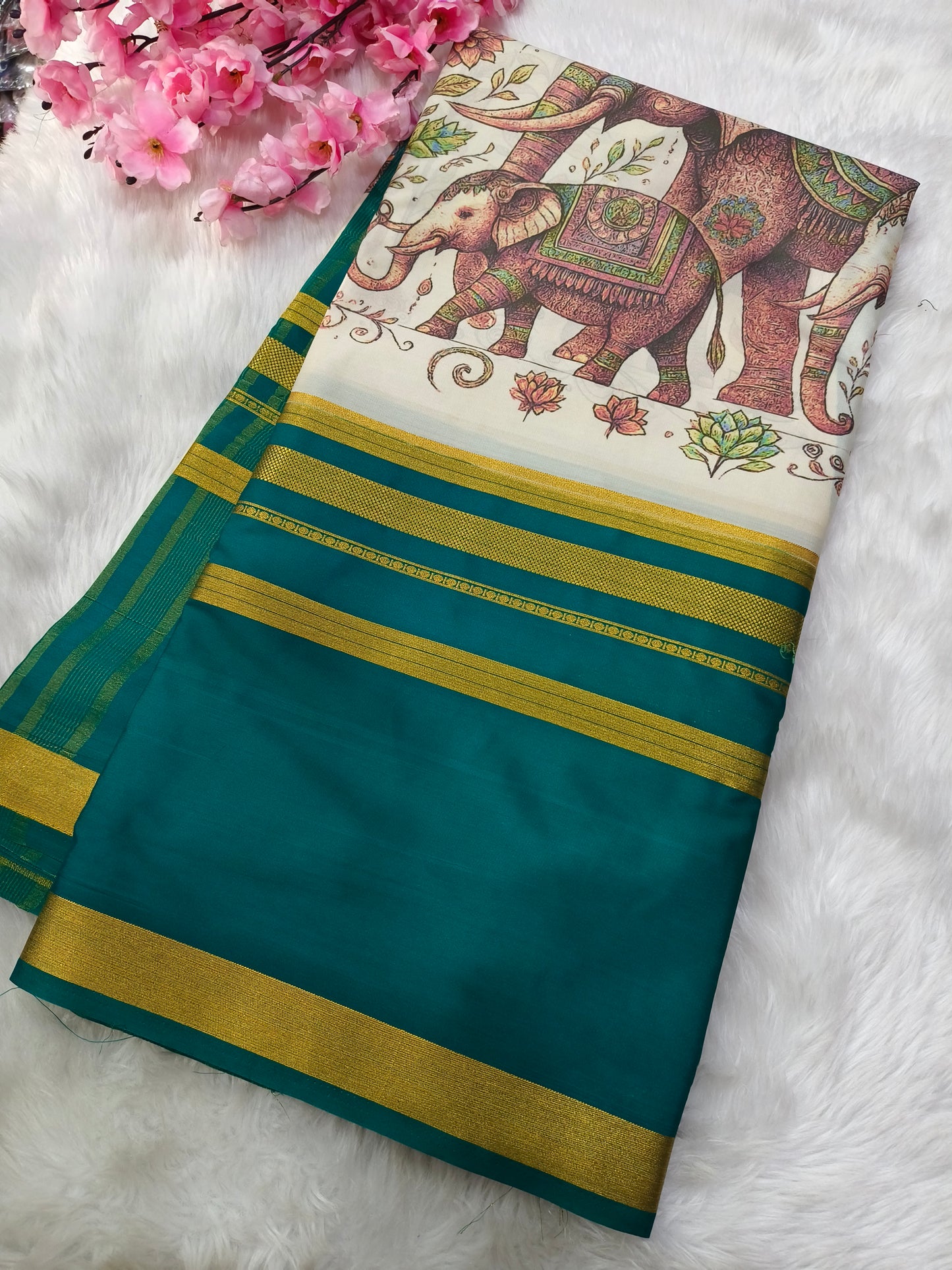 Rama Blue elephant Digital printed semi Mysore crepe silk saree