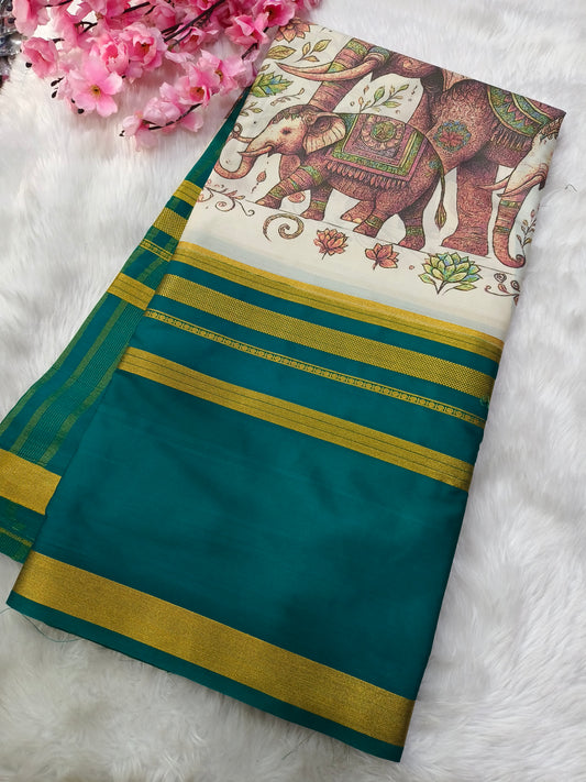 Rama Blue elephant Digital printed semi Mysore crepe silk saree