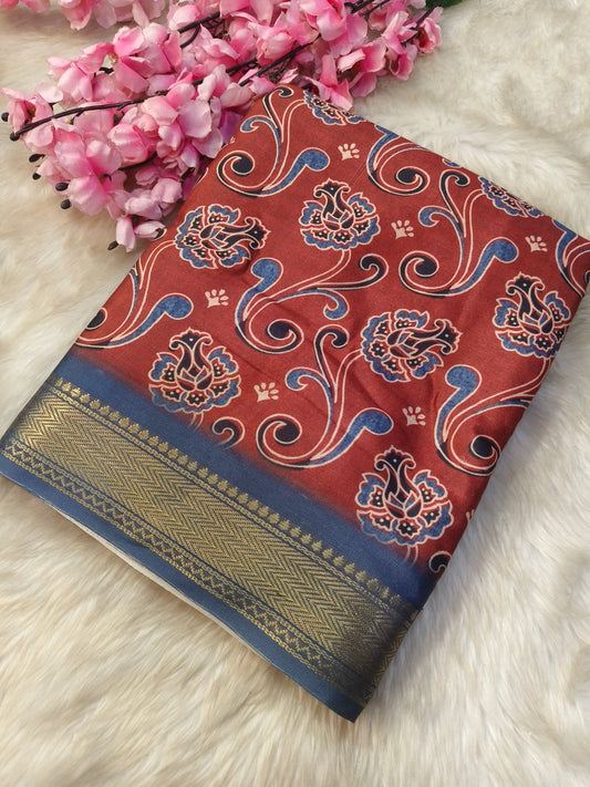 Marron with blue printed silk saree