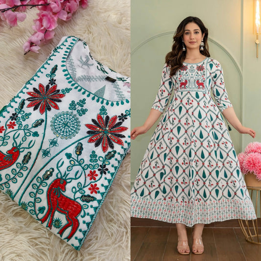 White With Rama Blue Cotton Anarkali Top