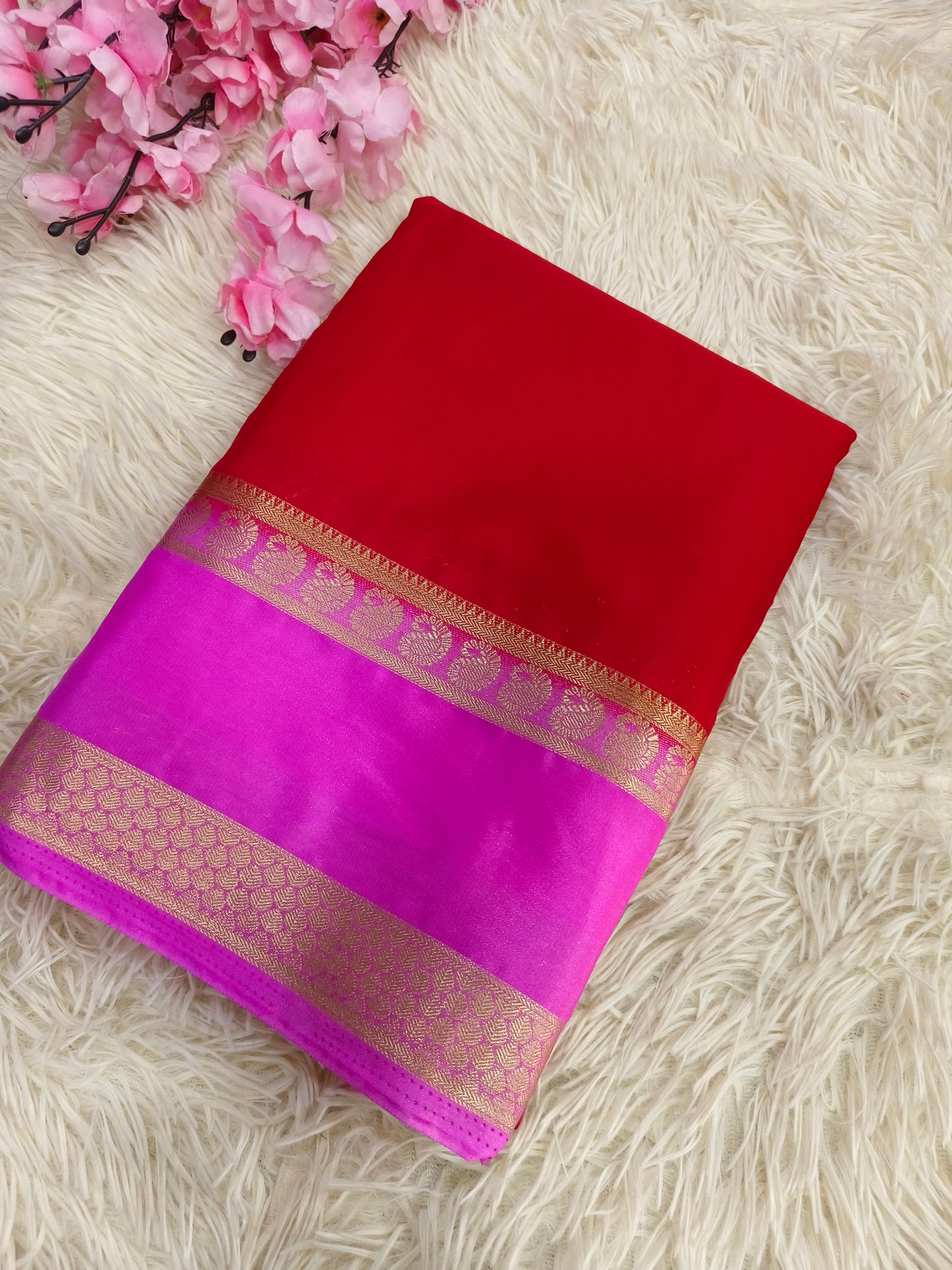 Red with Rose Pink  semi Mysore crepe silk