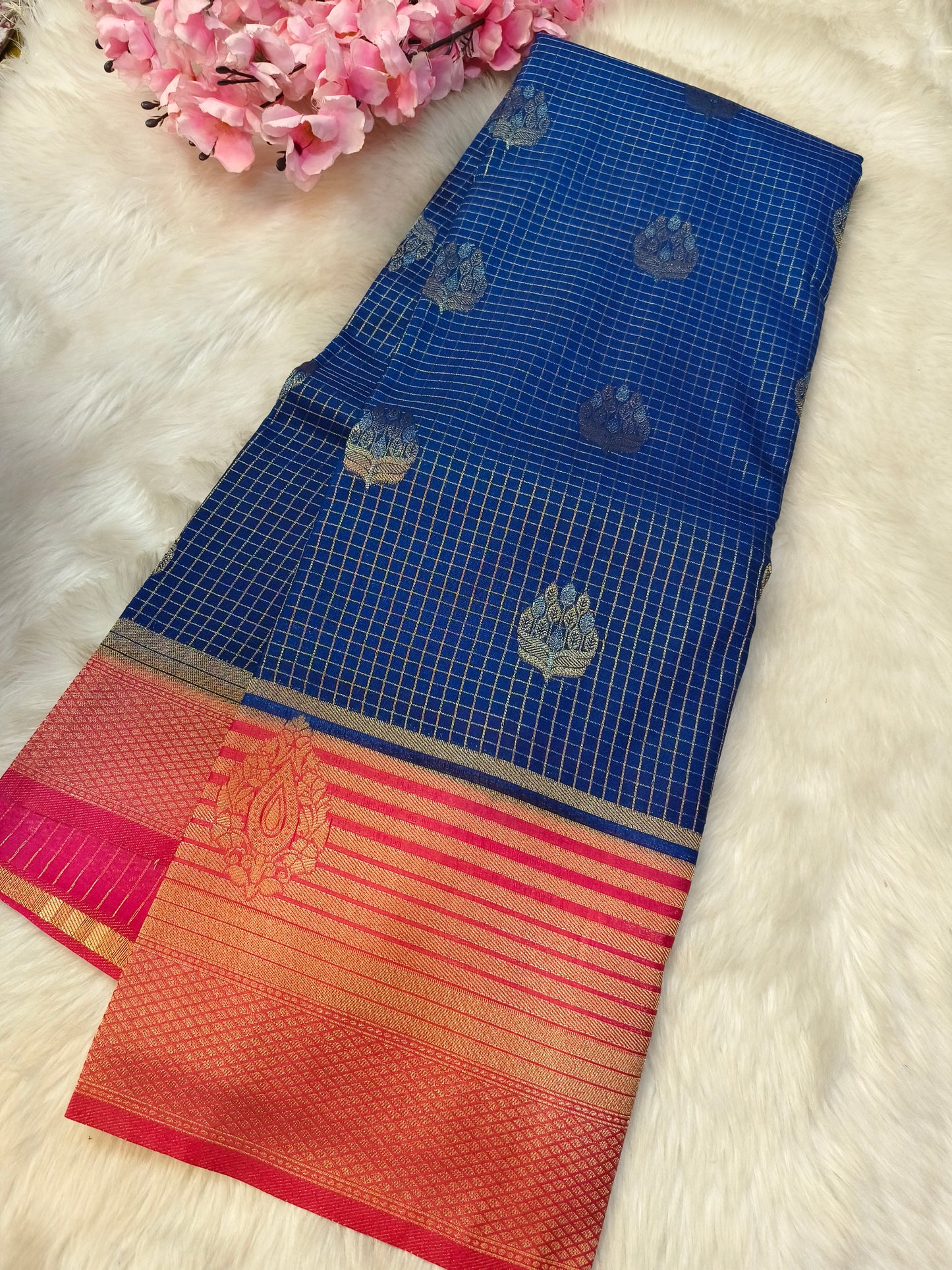 Peacock blue with pink semi Mysore silk saree