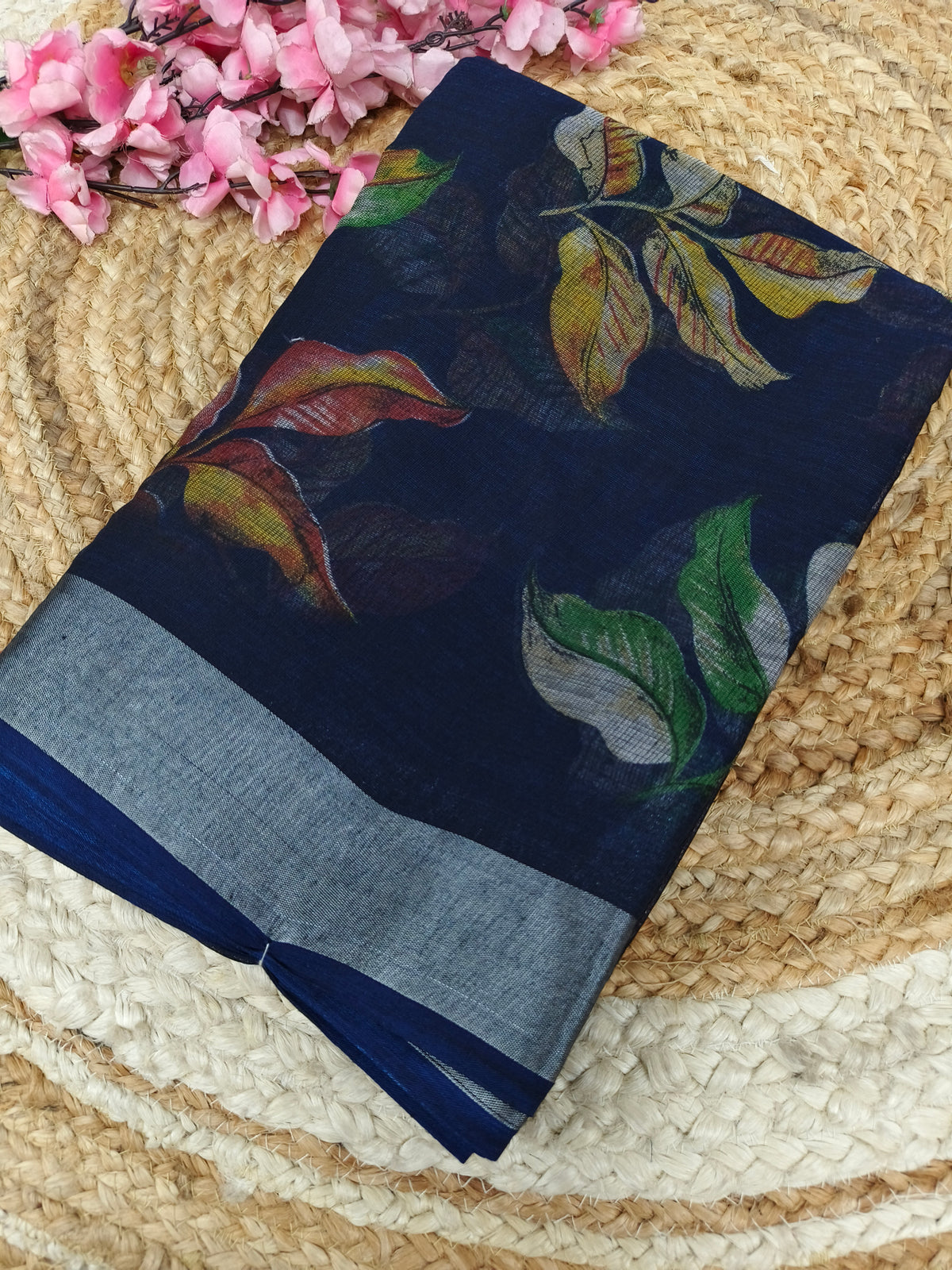 Navy blue - Black Lenin Cotton saree