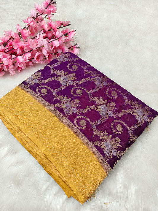 Wine with yellow pure georgette silk saree