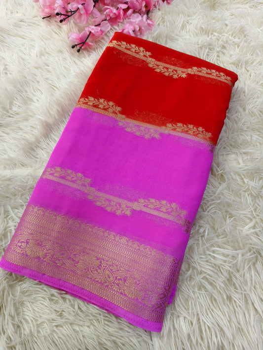 Orange with Pink kadi Georgette silk saree