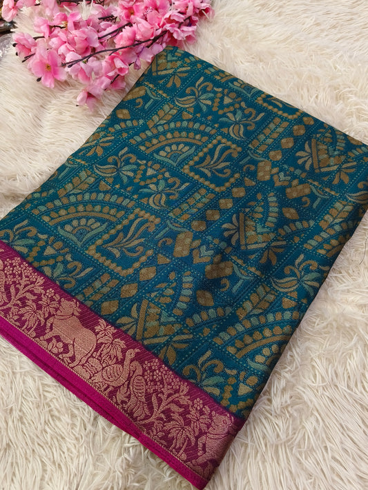 Blue with pink Kalamkari Fusion silk saree
