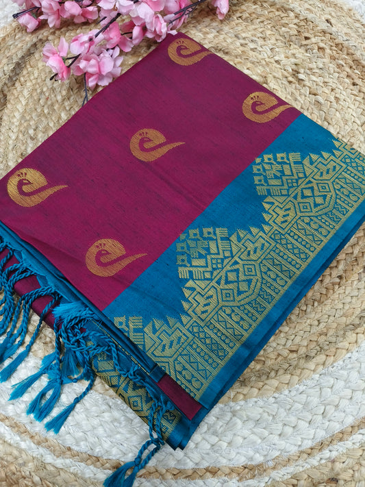 Wine With Blue Elegant soft semi kanjivaram silk saree