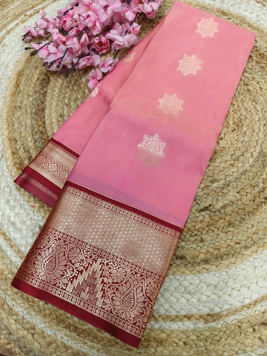 Light pink with maroon Elegant soft semi kanjivaram silk saree