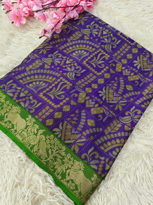Purple with green  Kalamkari Fusion silk saree