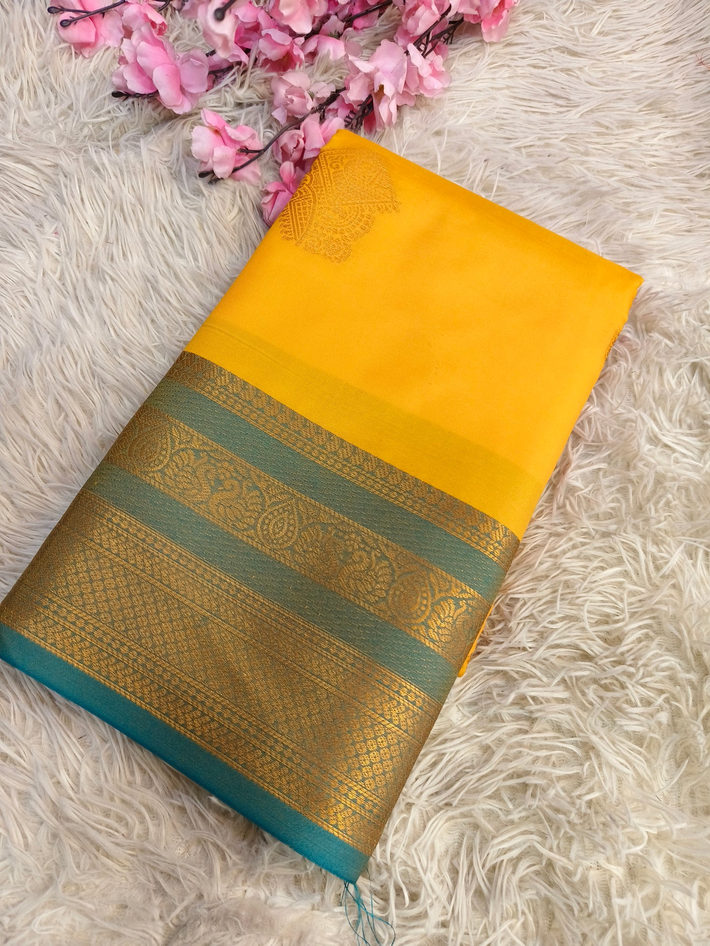 Yellow with Green Soft semi silk saree