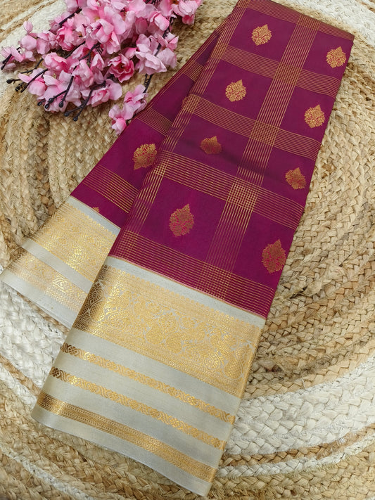 Wine with light grey Elegant soft semi kanjivaram silk saree