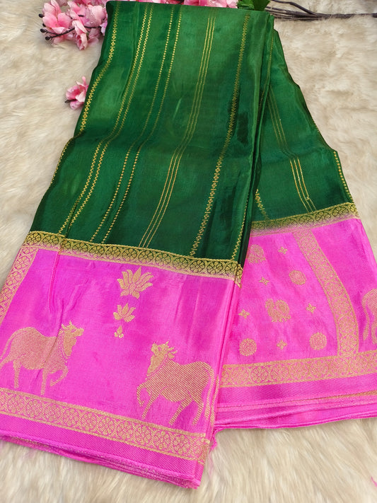 Bottle Green with baby pink Munga silk saree