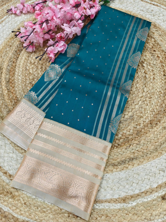 Rama blue with cream Elegant soft semi kanjivaram silk saree