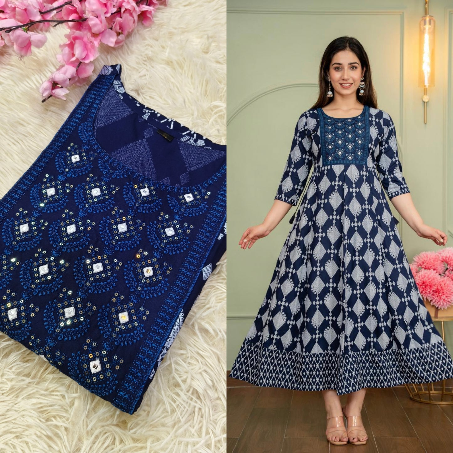 Navy Blue Cotton Anarkali Top