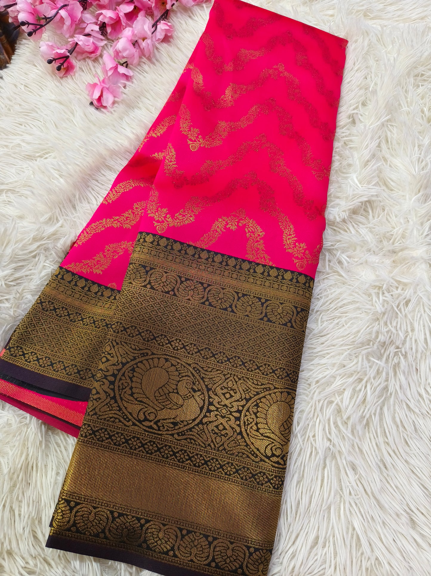 Pink  with black  Bridal semi silk saree