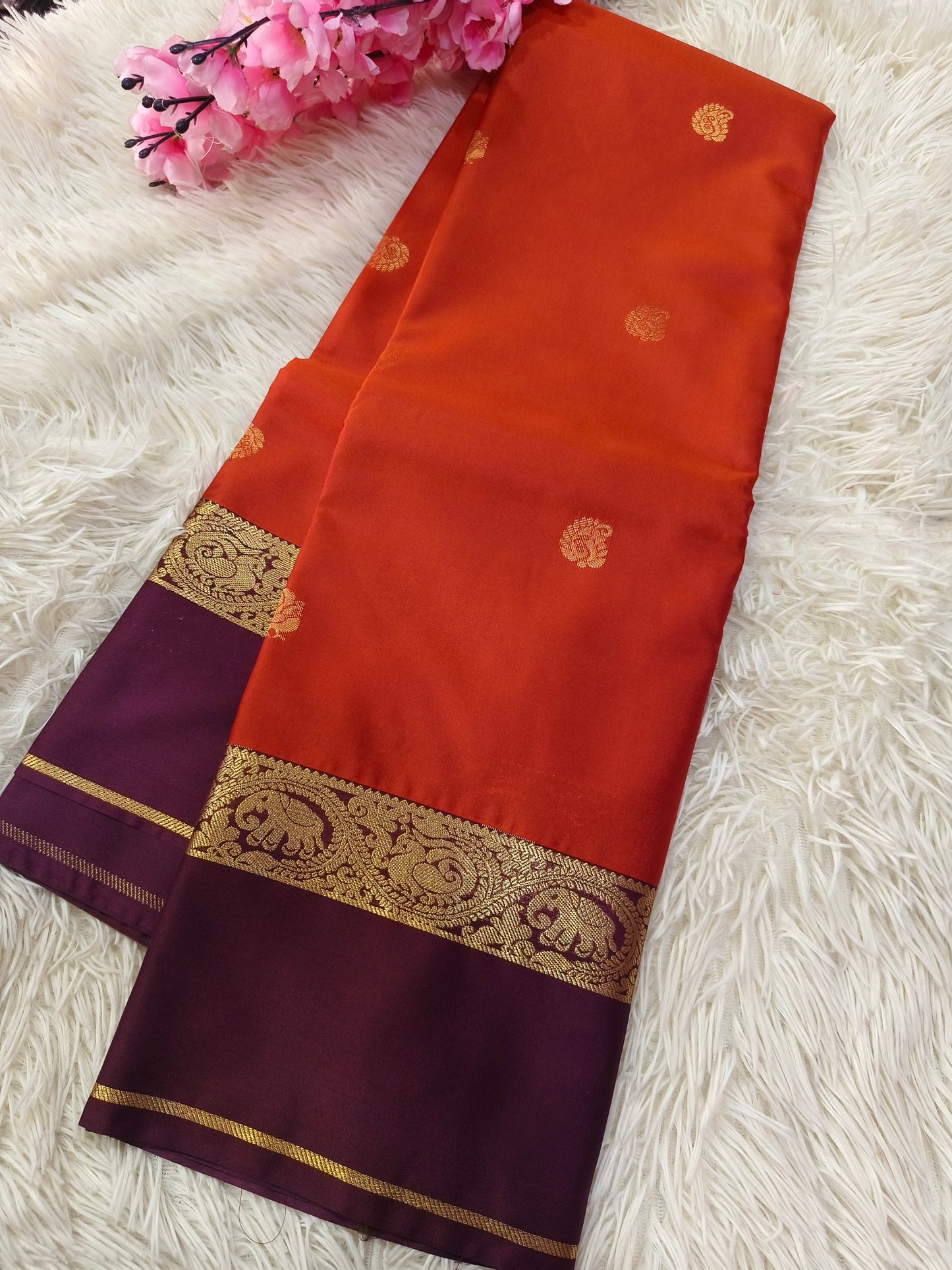 Rustic Orange With Dark Wine Semi kanjivaram silk saree