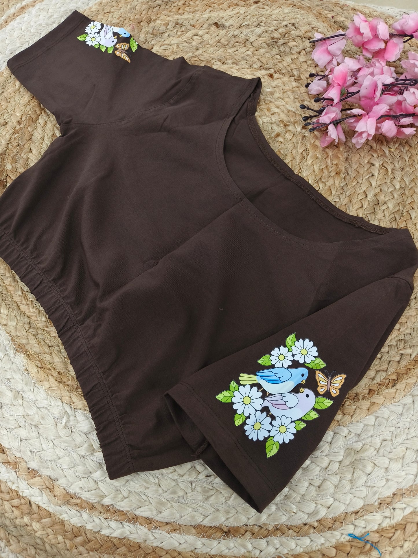 Brown Stretchable blouse with unique printed design