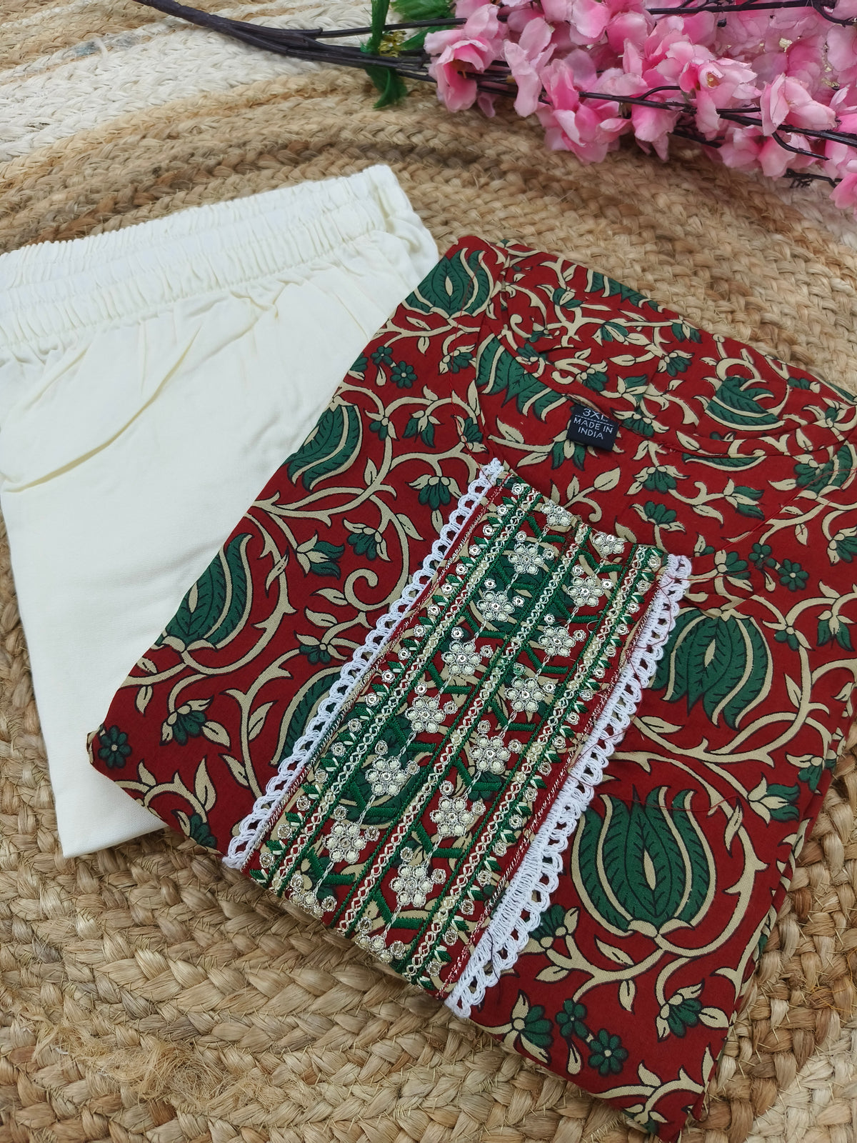 Elegant red with green Printed Ethnic Kurti Set