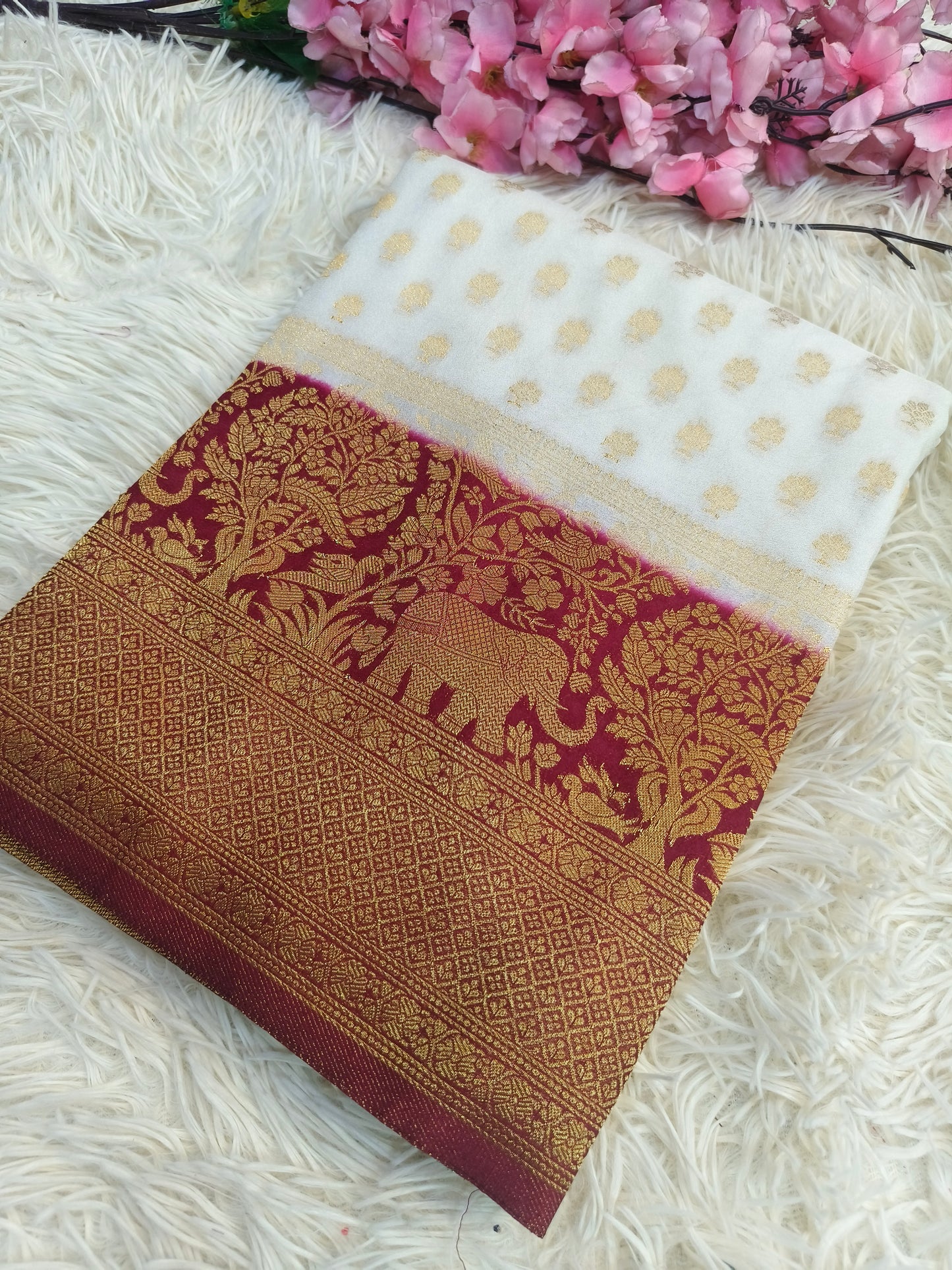White with maroon Banarasi georgette silk saree